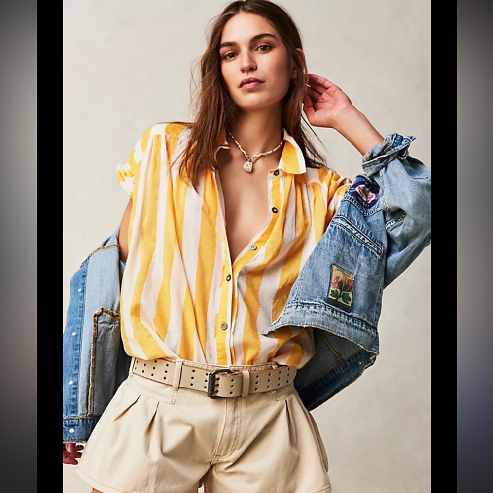 Free People Oversized Float Away Yellow White Striped Shirt, Size XS